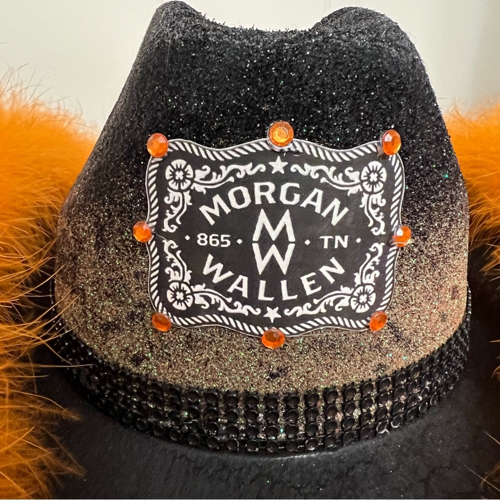 Morgan Wallen custom Handcrafted black & Orange Feather Cowgirl Hat festival - Picture 7 of 14
